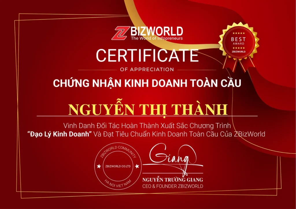 Chứng nhận Đạo Lý Kinh Doanh của Nguyễn Thị Thành