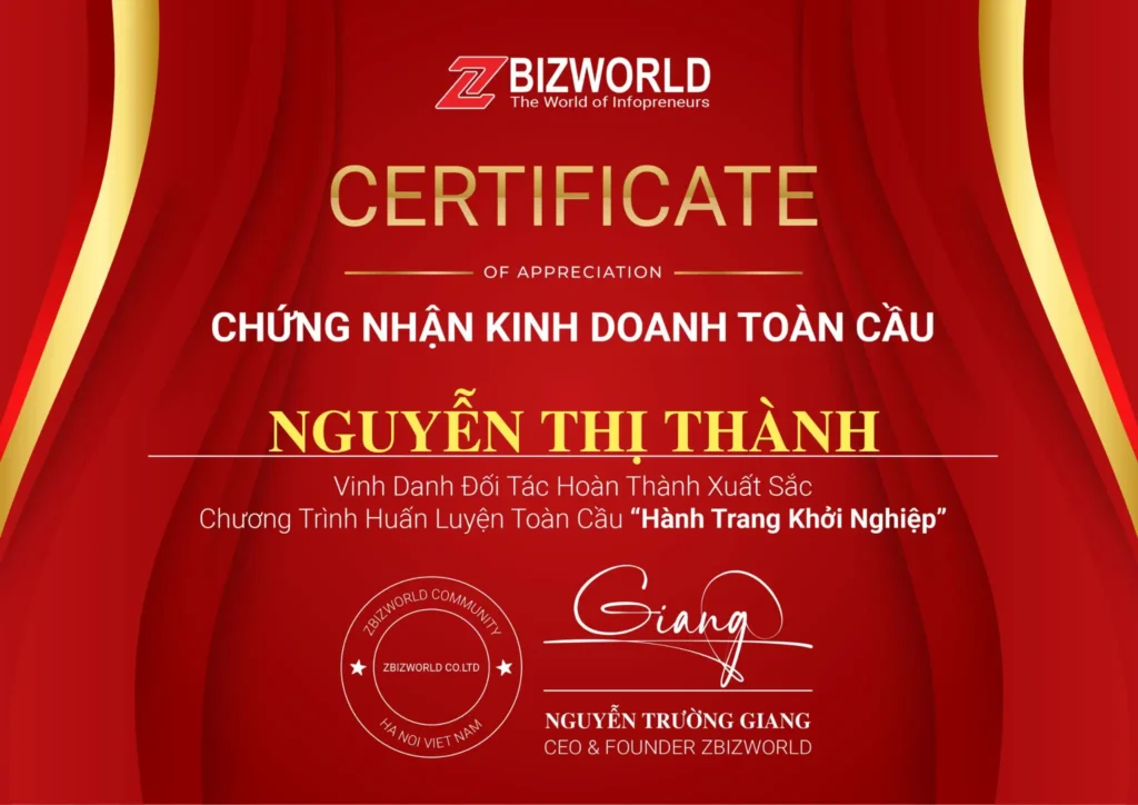 Chứng nhận Hành Trang Khởi Nghiệp của Nguyễn Thị Thành
